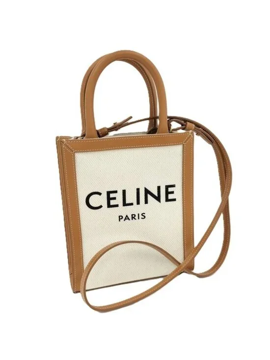 Celine Mini Vertical Cover 2-Way Bag Canvas Leather Brown Off White - Picture 1 of 9